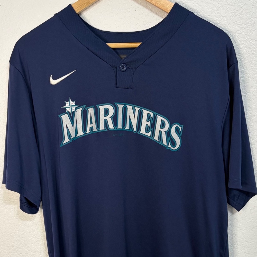 Nike Seattle Mariners MLB Jersey Mens Large Navy Blue Henley Bella Vista Broncos - Picture 2 of 4